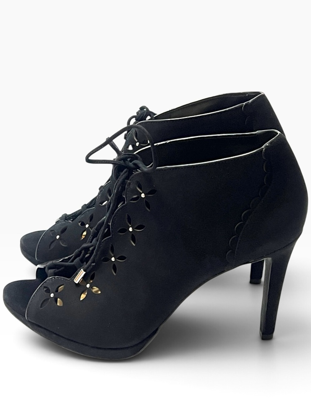 MICHAEL Michael Kors Black Suede Peep-Toe Lace-Up Heeled Booties Women’s 10M